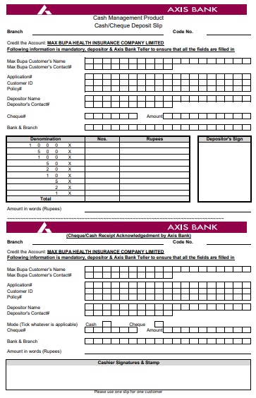 AXIS bank deposit slip template