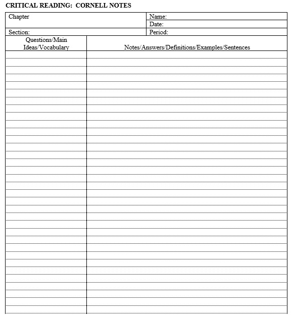 critical reading cornell notes template