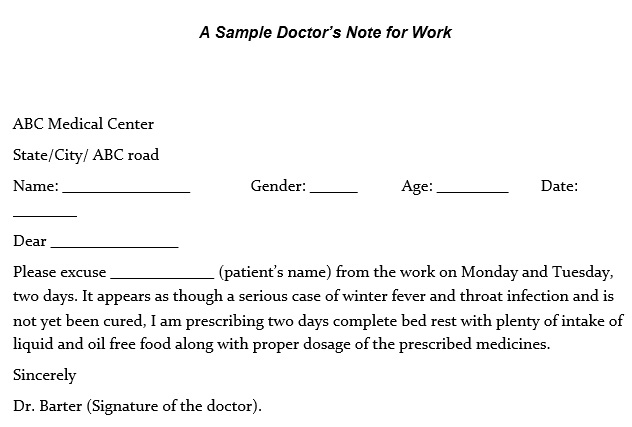 sample doctors note for work absence