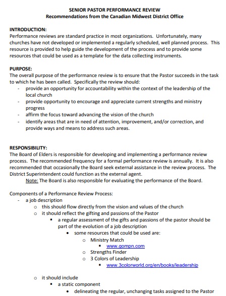 senior pastor performance review template