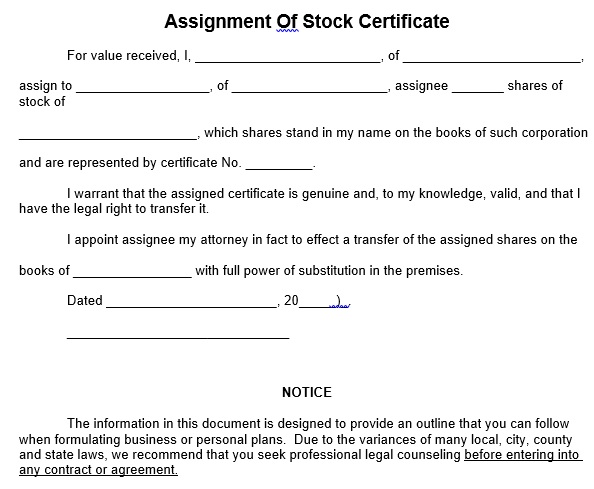 assignment of stock certificate form