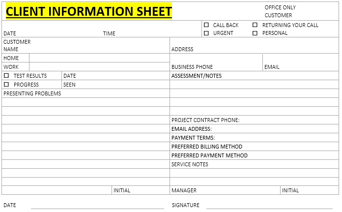 blank client information sheet template
