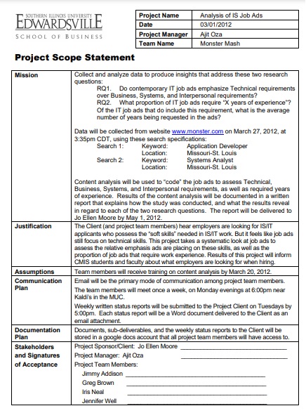 business project scope statement template