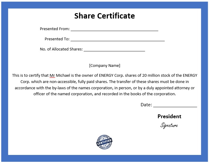 company share certificate template free download