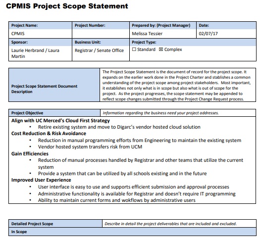 cpmis project scope statement template