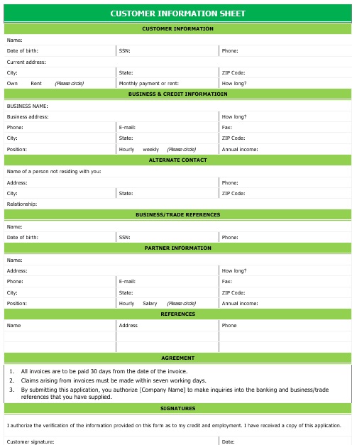 customer information sheet