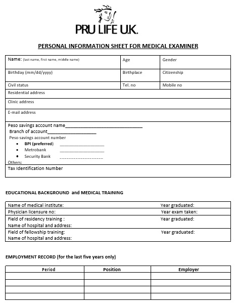 personal medical client information sheet