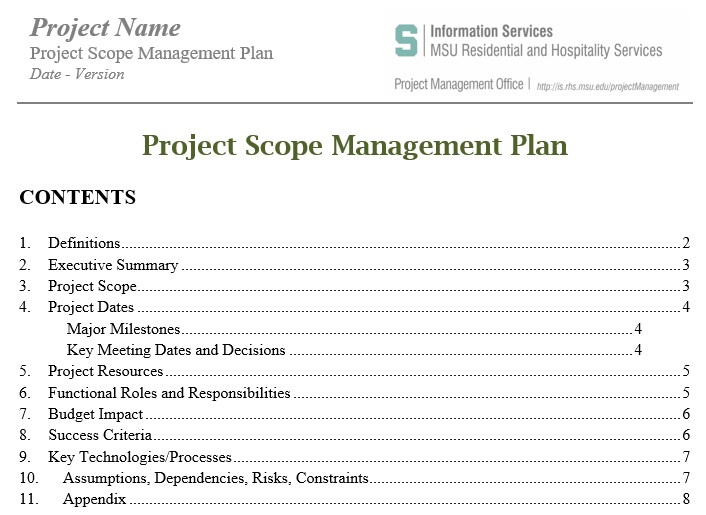 project scope management plan template