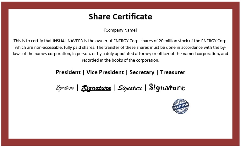share certificate sample