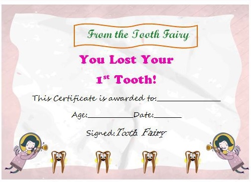 1st lost tooth fairy certificate template