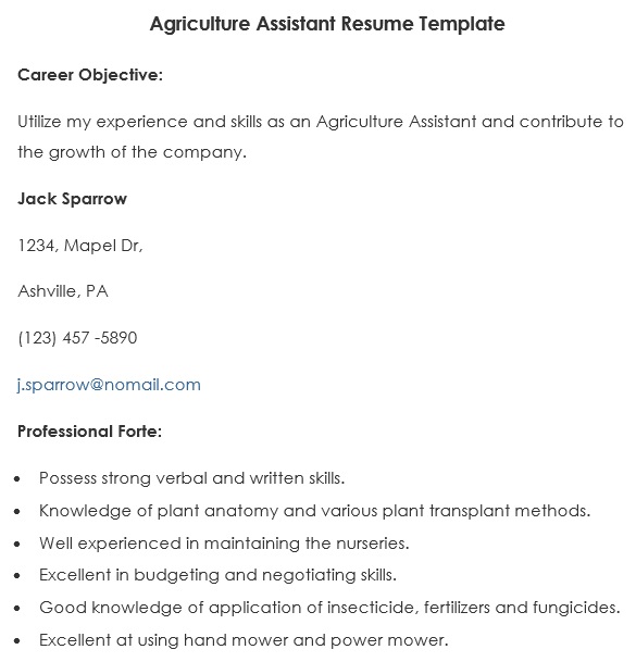 agriculture assistant resume template