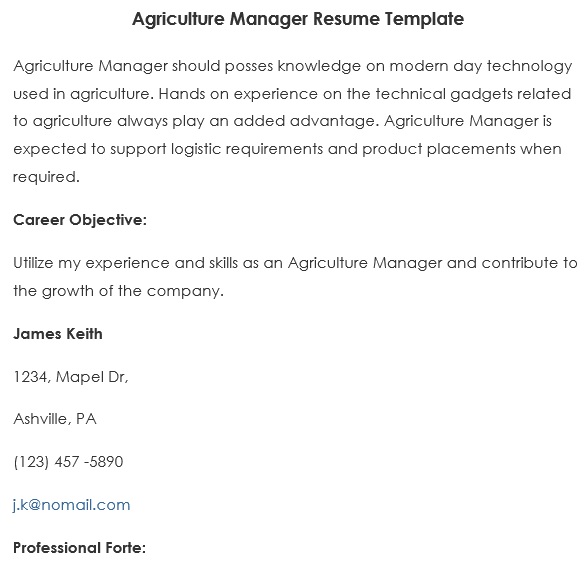 agriculture manager resume template