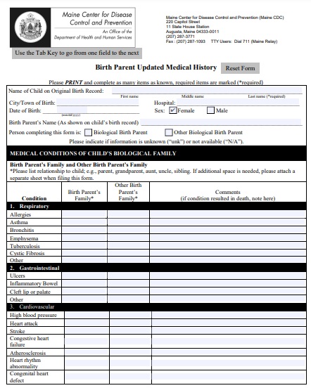 birth parent updated medical history form