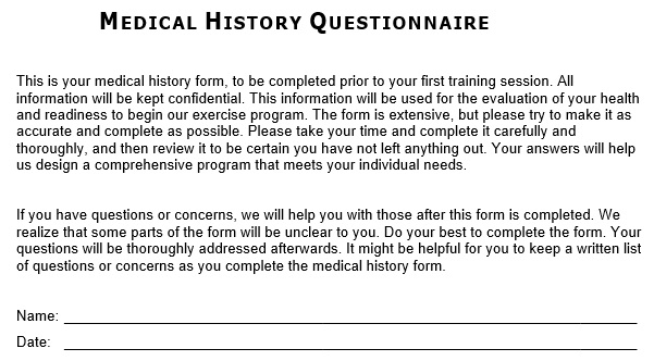 free medical history questionnaire template