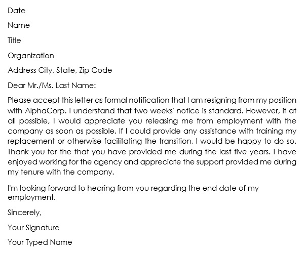 free resignation letter template 3