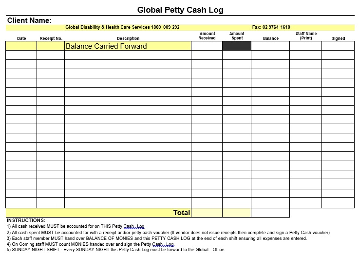 global petty cash log template