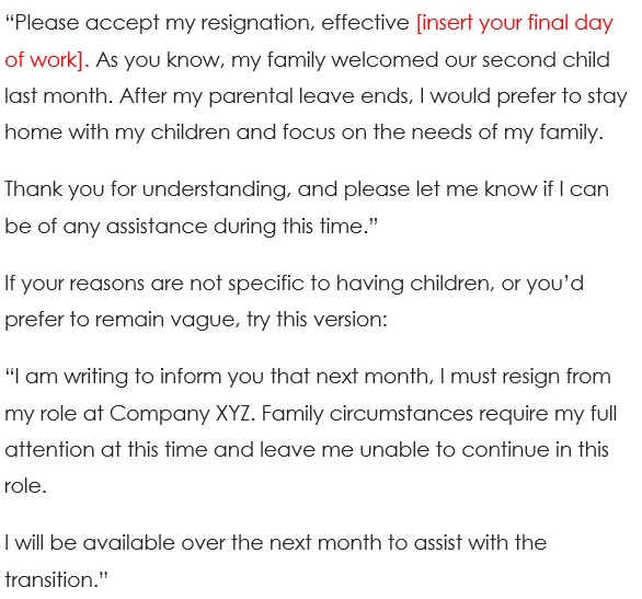 resignation letter due to family reasons