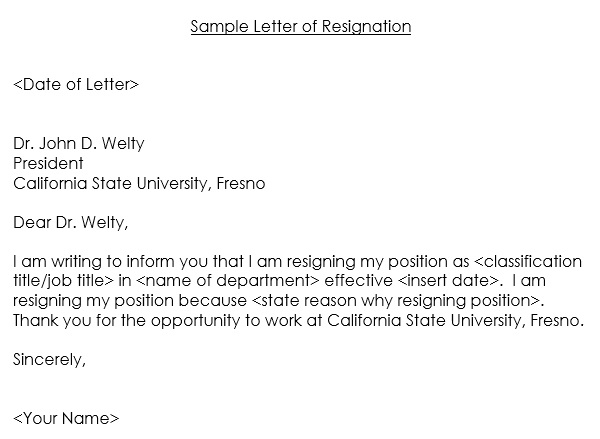 sample letter of resignation