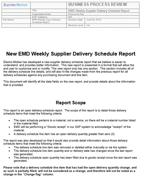 weekly open delivery schedule report template