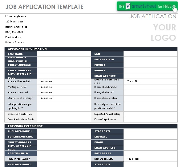 employment application template excel