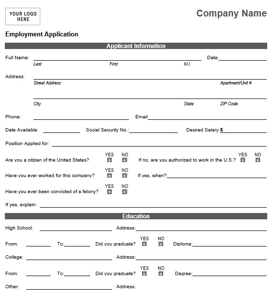 free employment application template 1