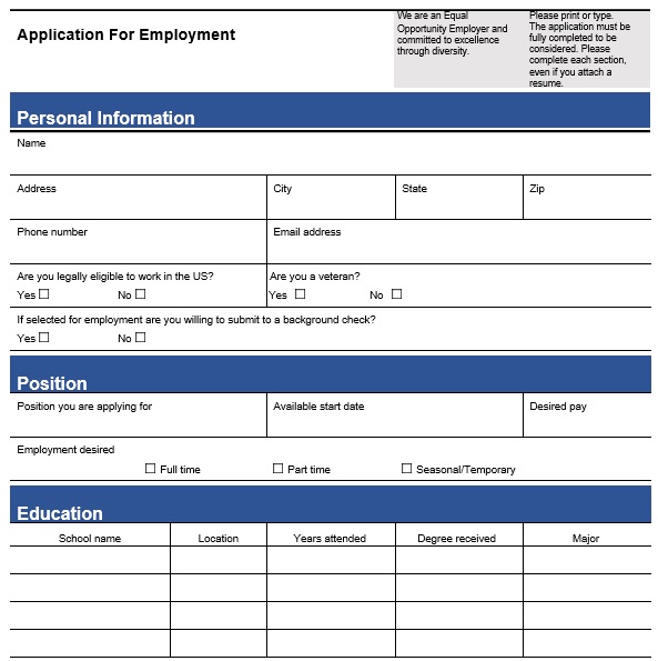 free employment application template 2