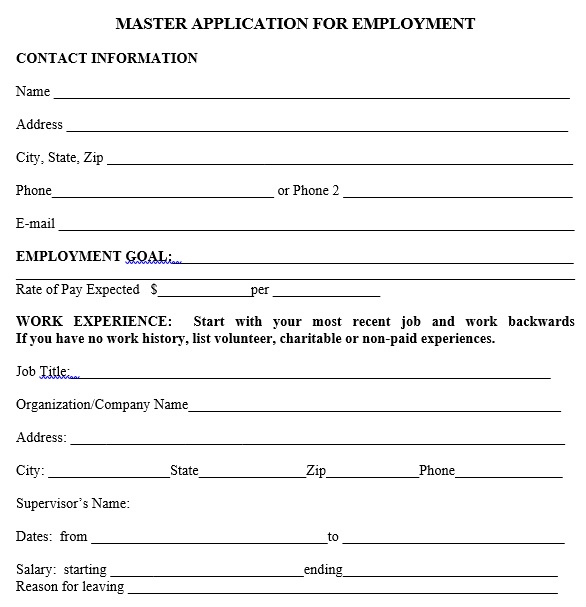 master application for employment template