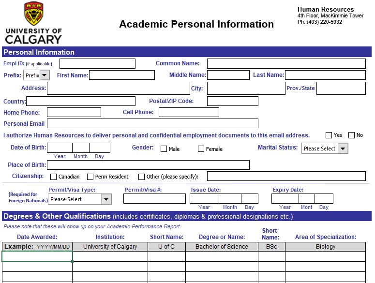academic personal information form