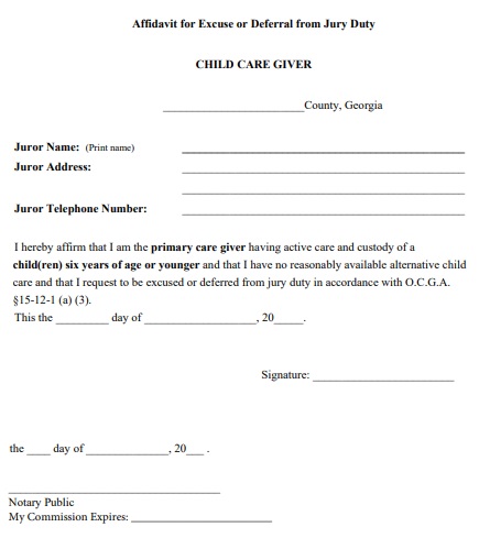affidavit for excuse or deferral from jury duty child caregiver