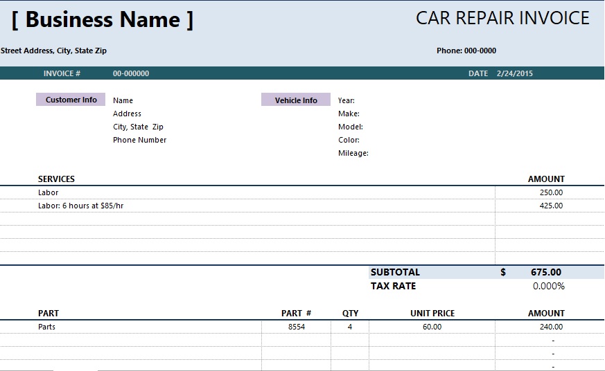 auto repair invoice spreadsheet