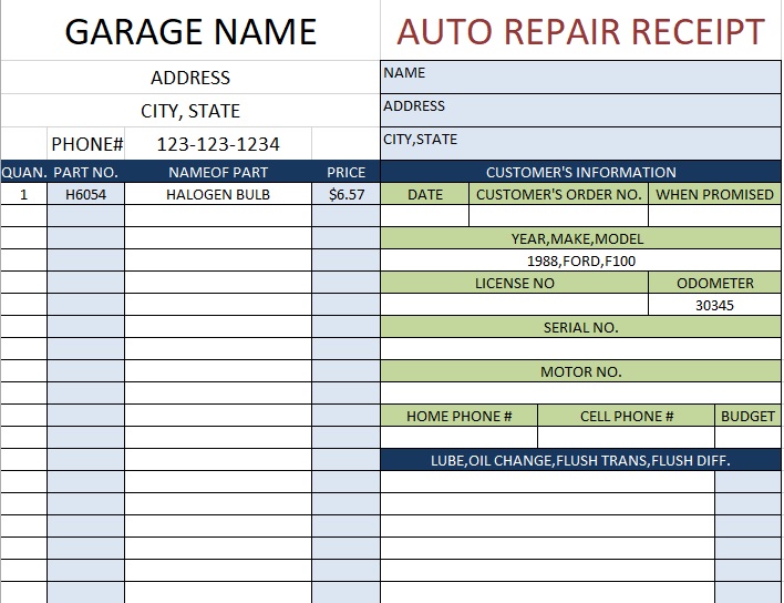auto repair receipt template