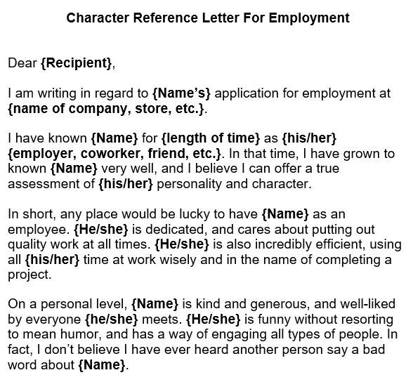 character reference letter for employment