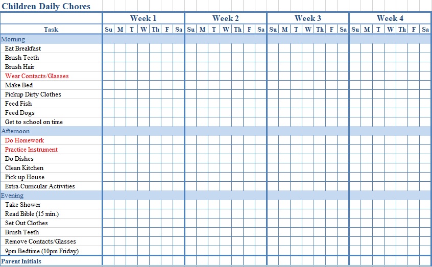 children daily chore chart template
