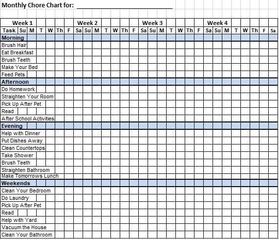 chore chart template excel