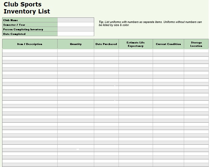 club sports inventory list template