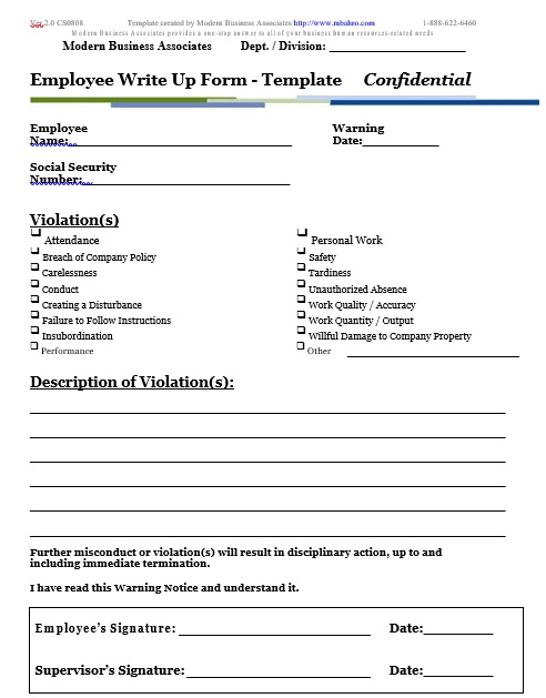 confidential employee write up form template