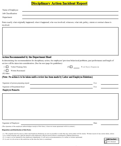 disciplinary action incident report form template