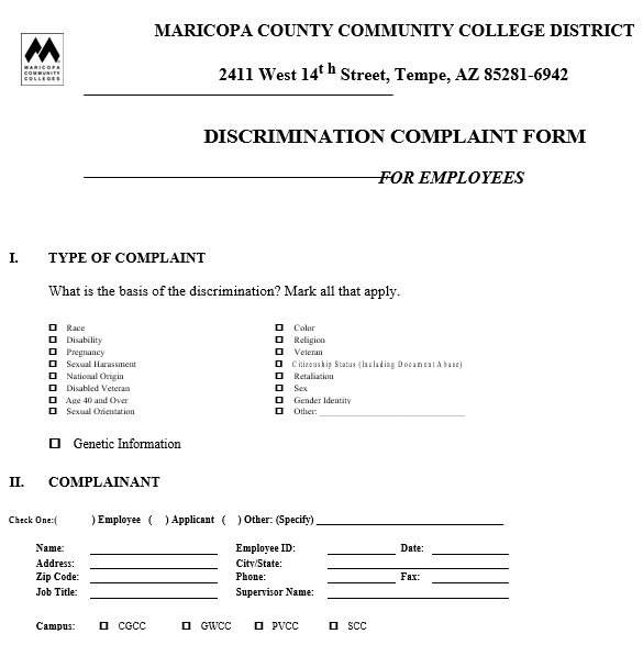 discrimination complaint form template