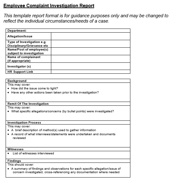 employee complaint investigation report template