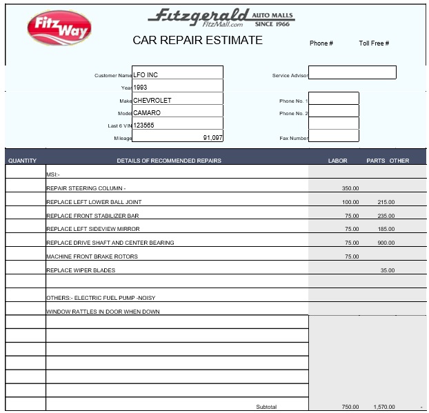 free auto repair invoice template 5