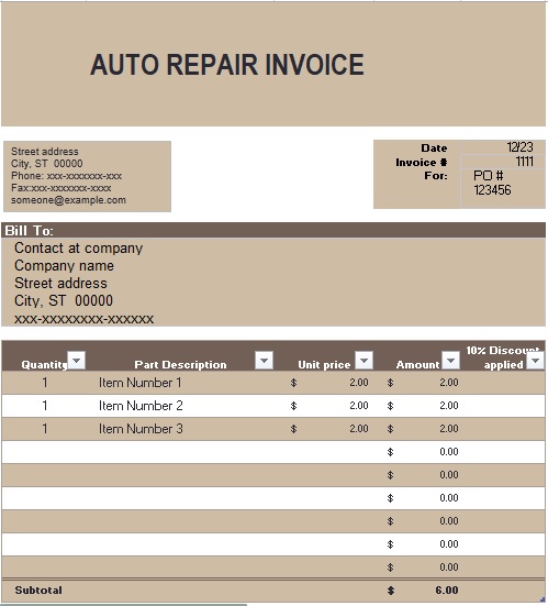 free auto repair invoice template 6
