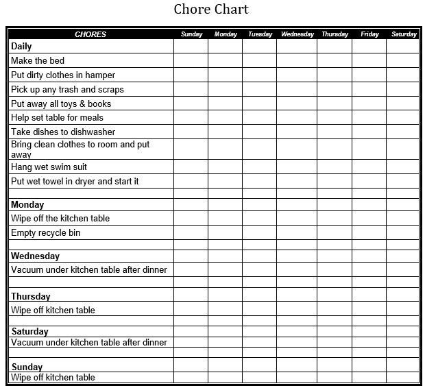 free chore chart template 2