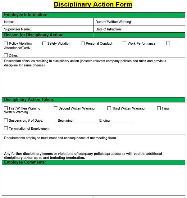 free disciplinary action form 6