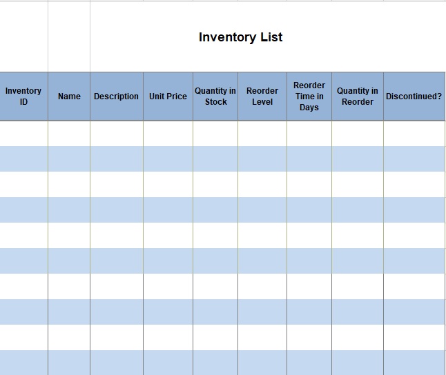 free inventory list template