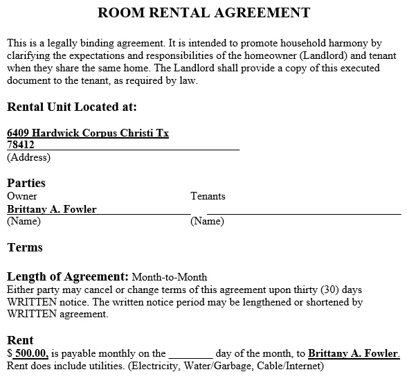 free room rental agreement template 9