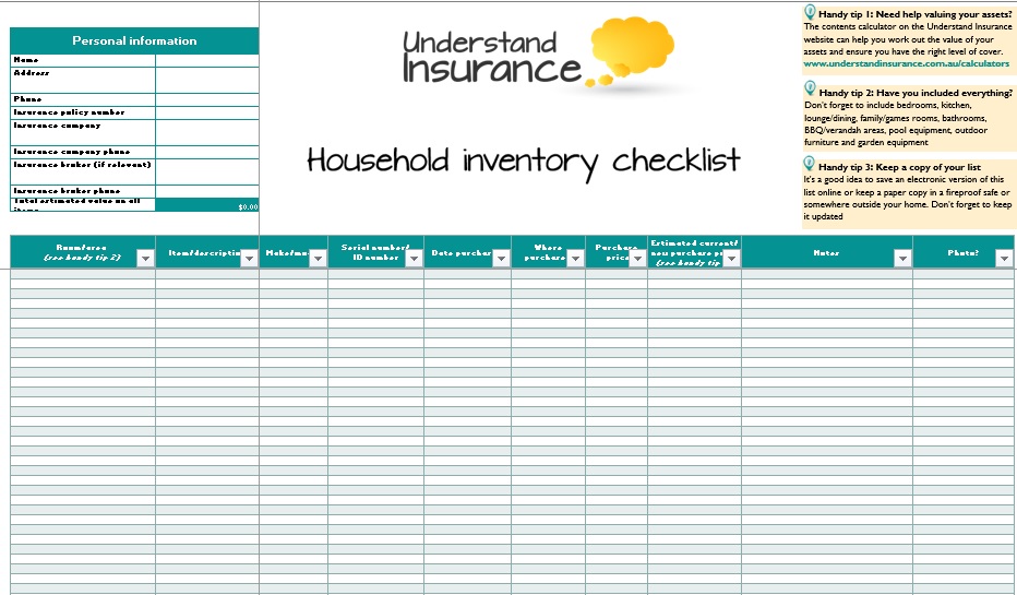 household inventory checklist template
