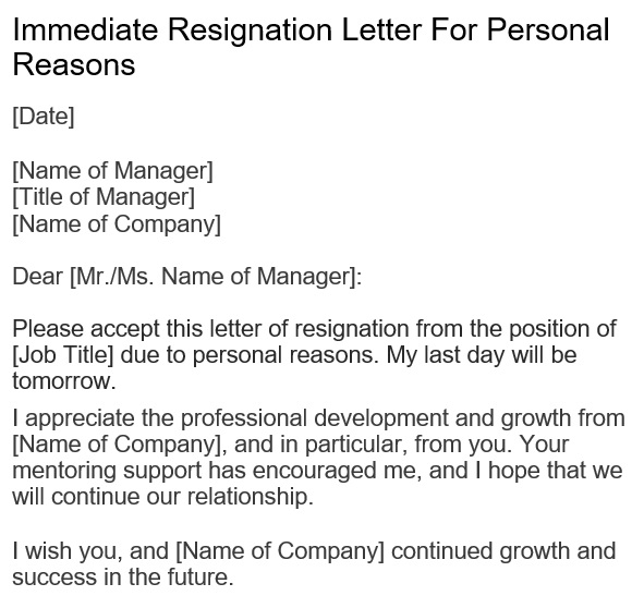 immediate resignation letter for personal reasons