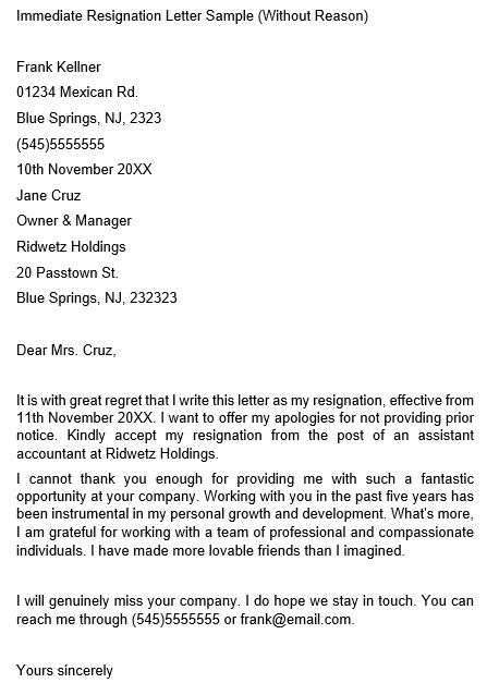 immediate resignation letter sample without reason