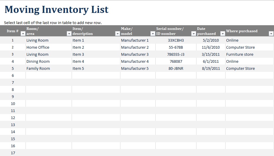 inventory list template excel