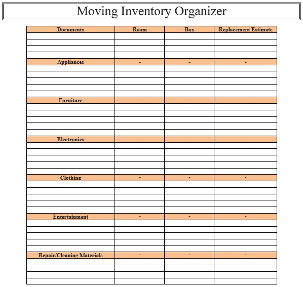 moving inventory organizer template